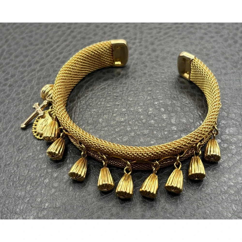 Vintage Mesh Bracelet Cuff Charm Dangle Cross Madonna Medal Gold Tone